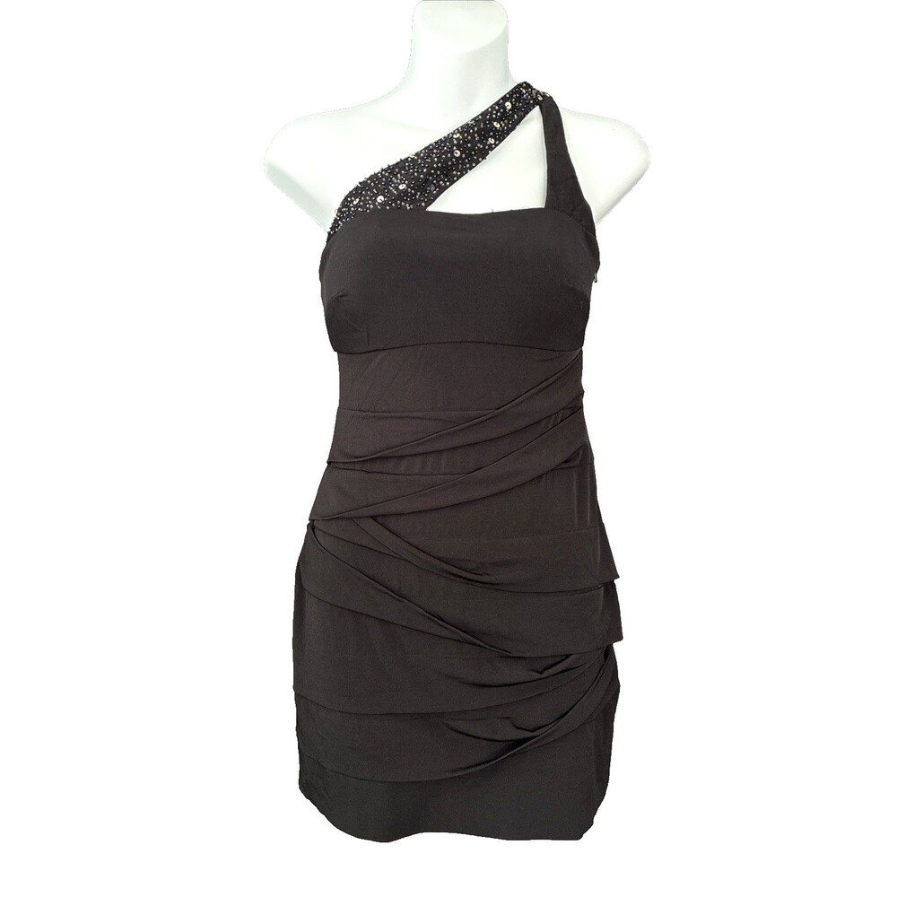 Hailey Logan Adrianna Papell One Shoulder Bandage Cocktail Dress XS Black Beaded